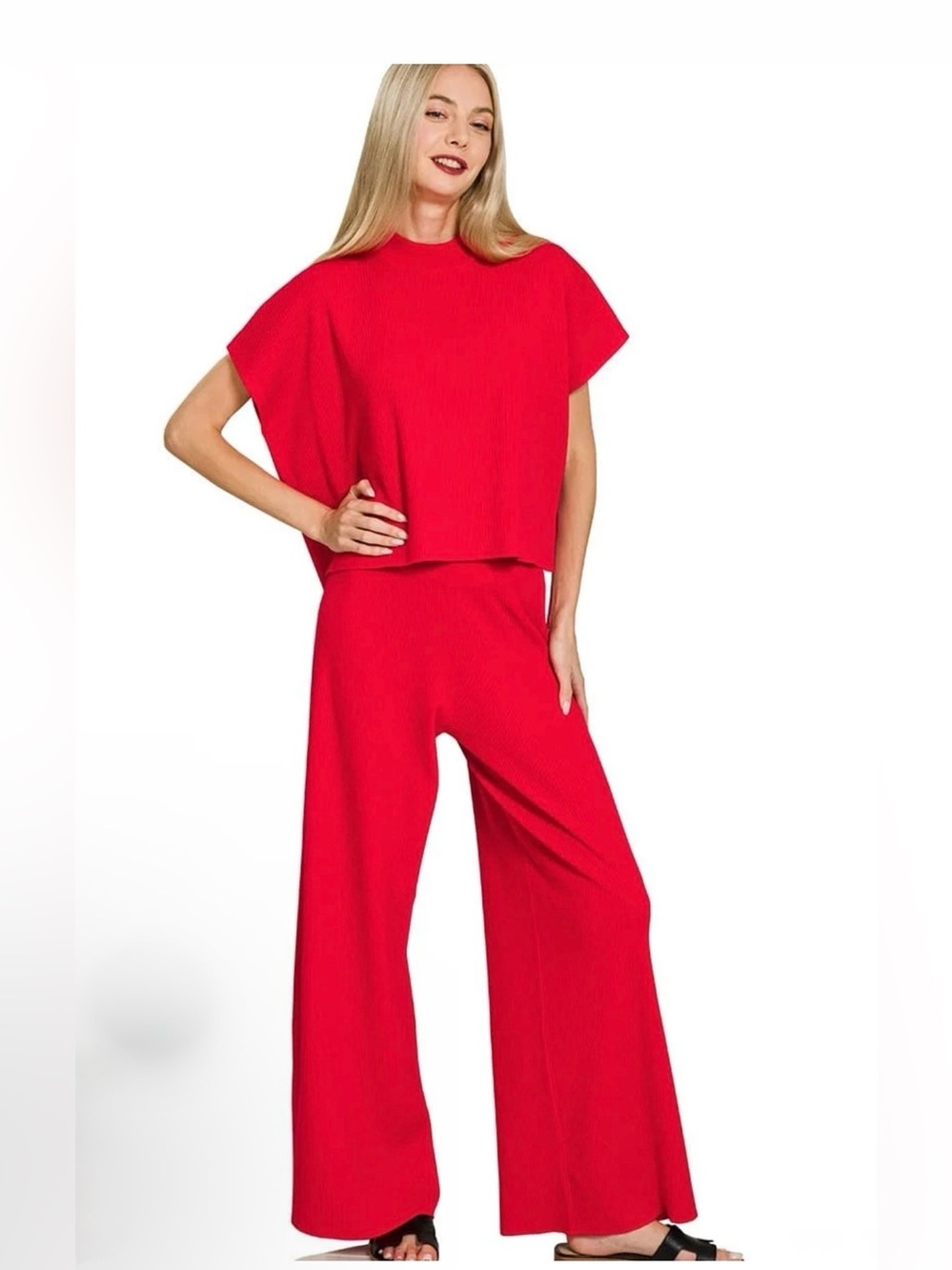 Zenana Sweater Mock Neck Top & Long Pants Set Red Size M